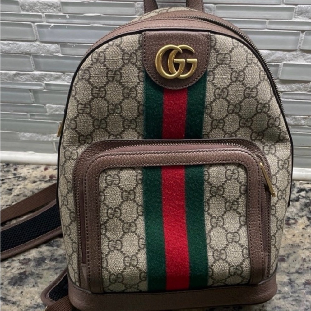 Gucci Monogram Backpack with Gold and Red Accents - Picture 3 of 10